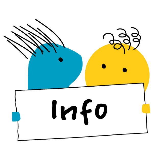Zwei Kulturstrolche-Figuren halten ein Schild mit der Aufschrift "Info" - Verlinkung zur Informationsseite über das Projekt